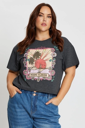 Grey Short Sleeve Miami Charcoal Semi Crop T-shirt LayeredSleeveConstruction