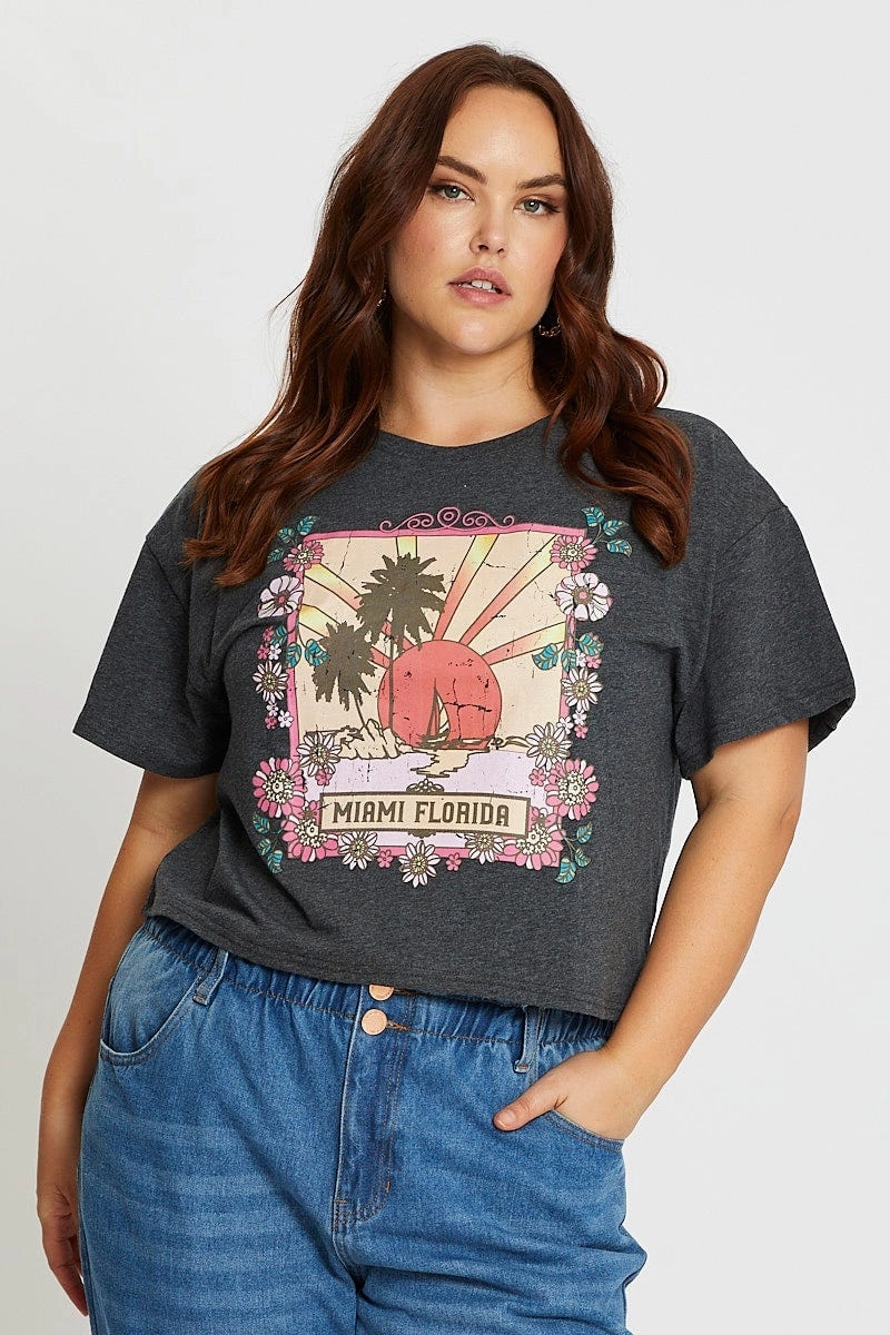 Grey Short Sleeve Miami Charcoal Semi Crop T-shirt Active Lifestyle