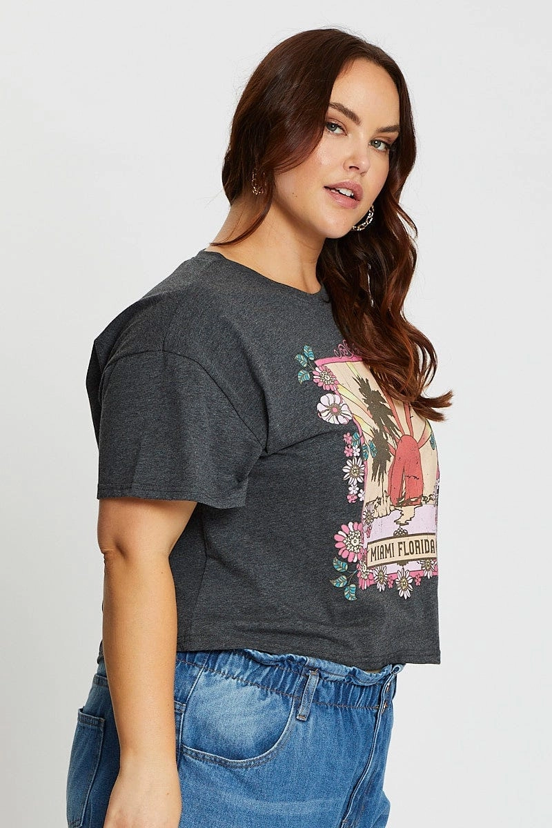 Ergonomic Cut Trendy Wearable Grey Short Sleeve Miami Charcoal Semi Crop T-shirt