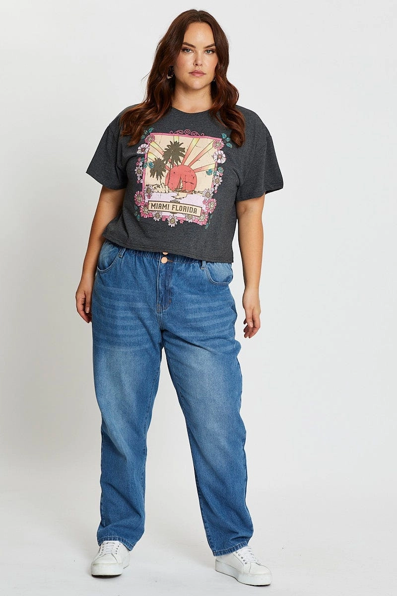 Trendy Vibes Wear Grey Short Sleeve Miami Charcoal Semi Crop T-shirt