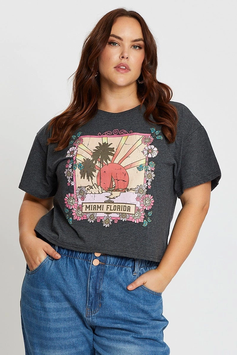 Grey Short Sleeve Miami Charcoal Semi Crop T-shirt LayeredSleeveConstruction