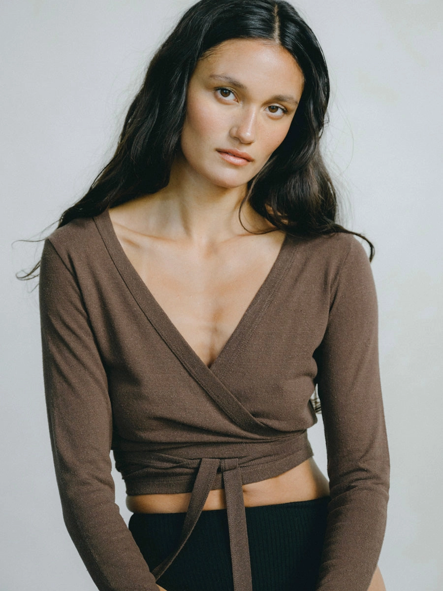 Denim combination Dance Wrap Top, Regen Silk Noil Jersey, Manzanita