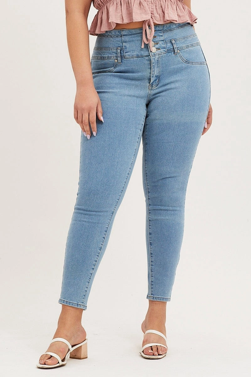 Traveler Gear Earthy Shopping Day High Quality Weekend Style Steel Blue High Rise Acid Wash 4 Buttons Skinny Denim Jean