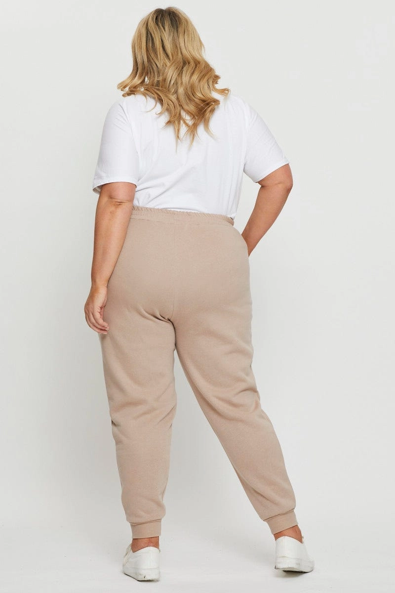 Beige Track Pants High Rise Elastic Waist Stay Comfortable