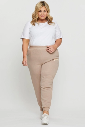 Contoured Panel Design Beige Track Pants High Rise Elastic Waist