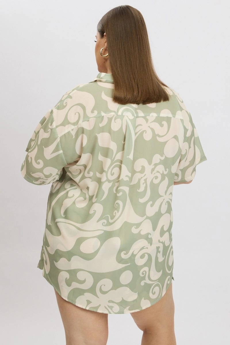 Green Abstract Relaxed Shirt Short Sleeve Linen Blend sporty wear Lightweight Weave