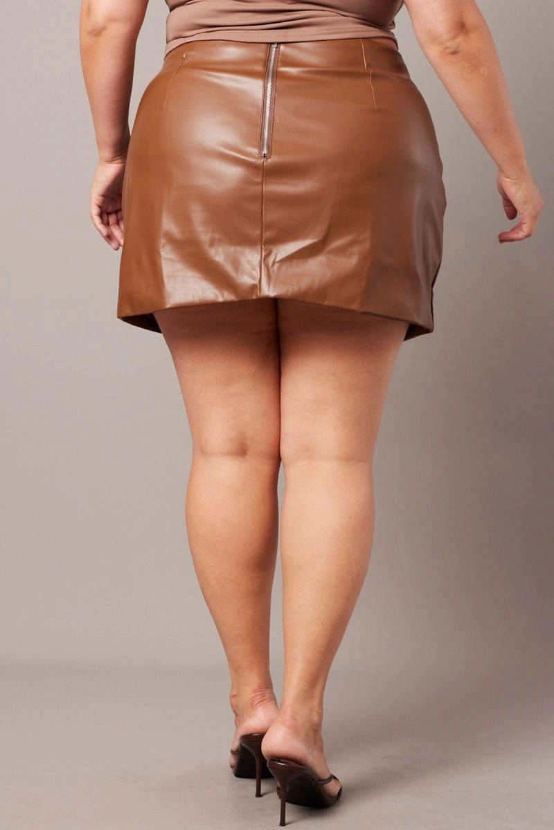 Brown Faux Leather Split Front Mini Skirt Anti Static Lining