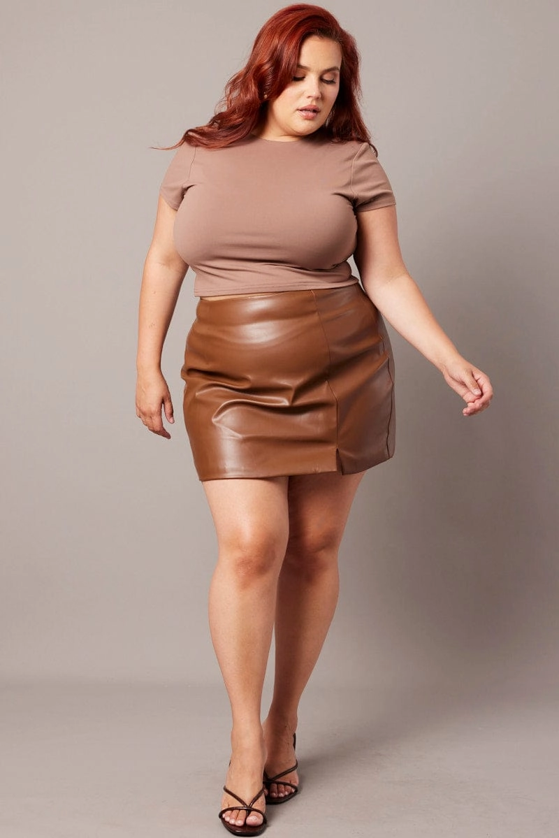Wrap Closure Front Slit Brown Faux Leather Split Front Mini Skirt