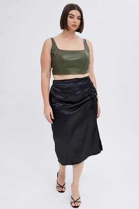 Black Midi Skirt Drawstring Satin Split Active Wear