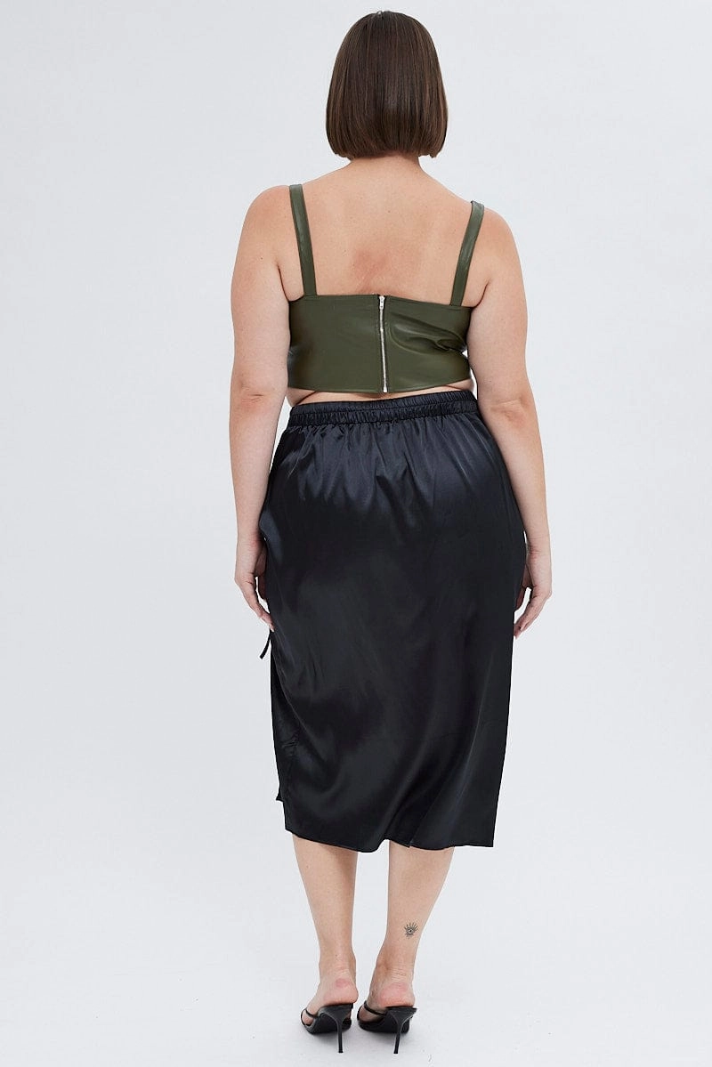 Black Midi Skirt Drawstring Satin Split Minimal Vibe