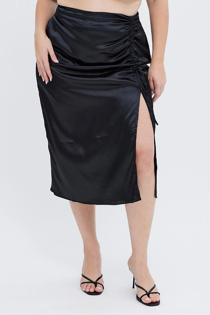 Black Midi Skirt Drawstring Satin Split Crisp Finish Casual Edge