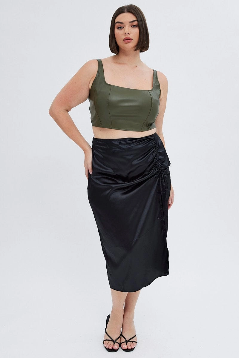 Black Midi Skirt Drawstring Satin Split Neat Finish