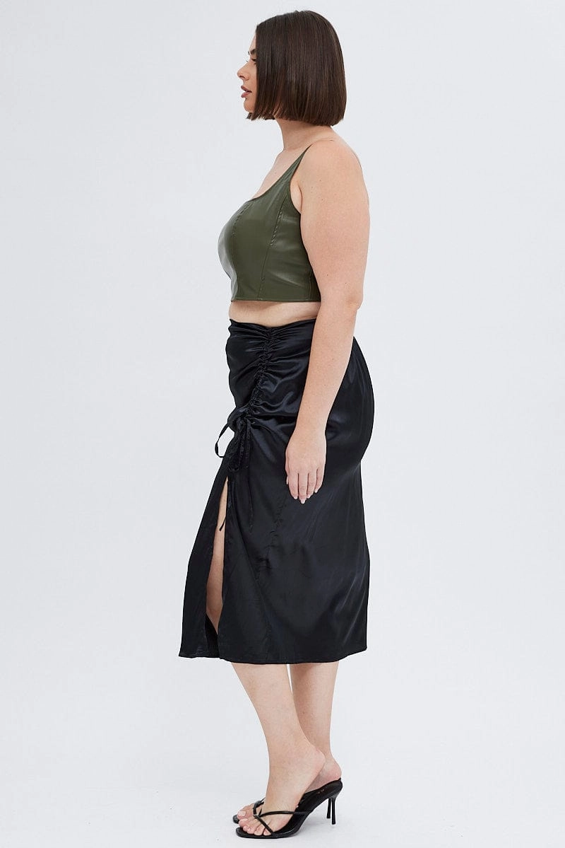 Black Midi Skirt Drawstring Satin Split Durable Stitching