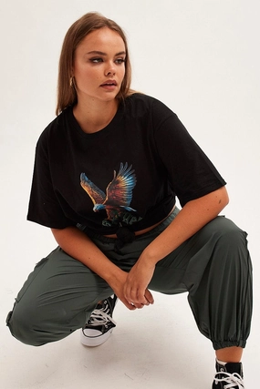 Black Graphic T-shirt Eagle Print Oversized Cotton Classic Vibes