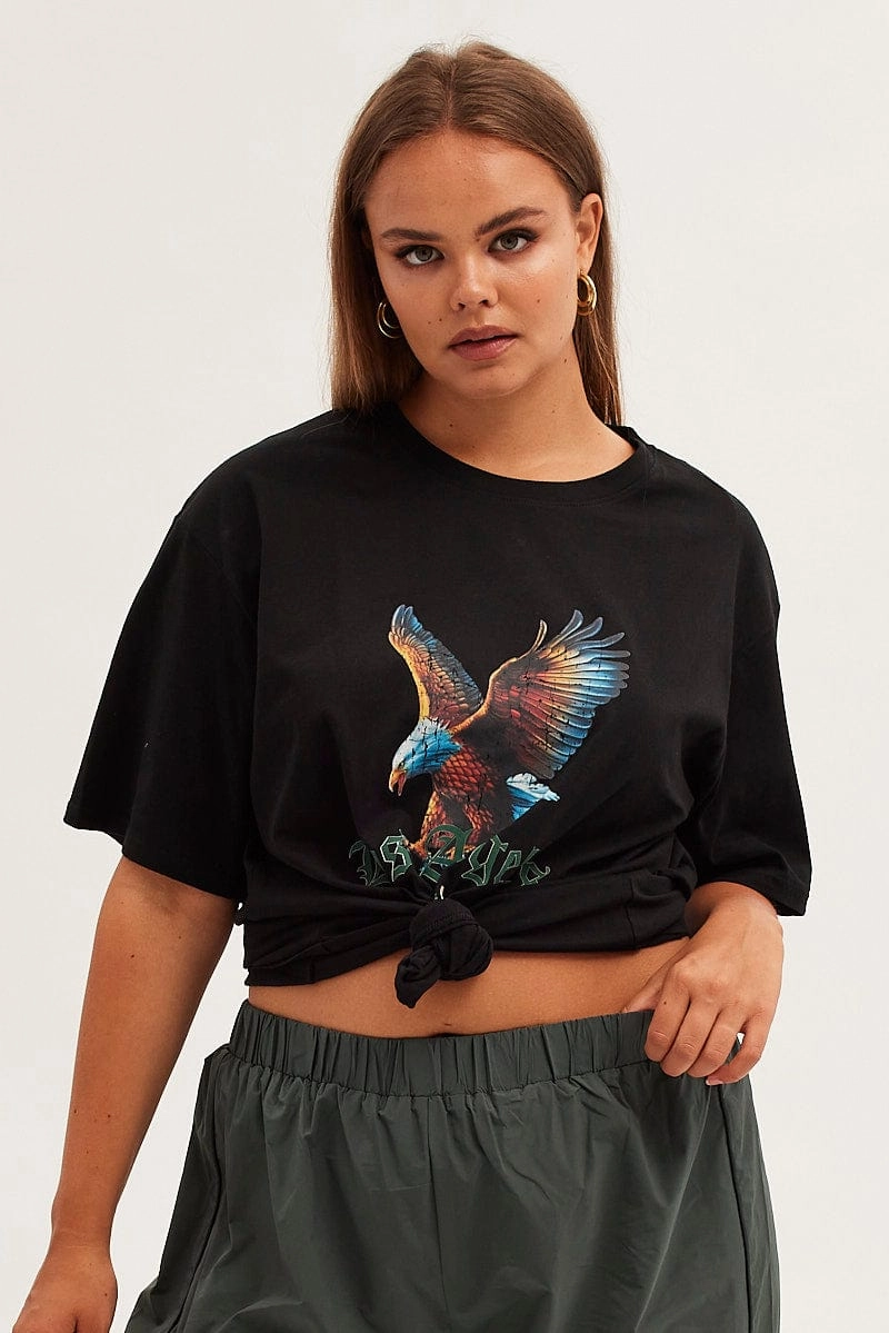 Black Graphic T-shirt Eagle Print Oversized Cotton Travel Light Relax Fit Design
