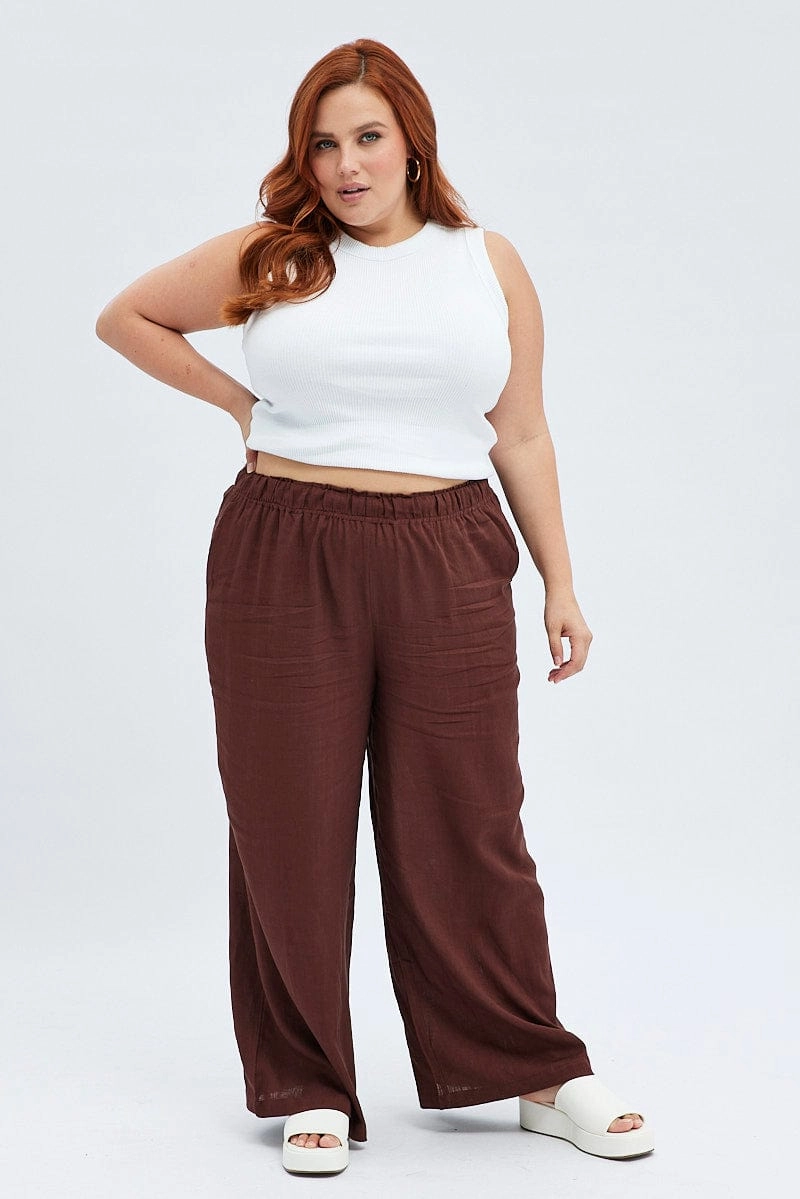 Brown Wide Leg Pants Elastic Waist Flex Fit Design