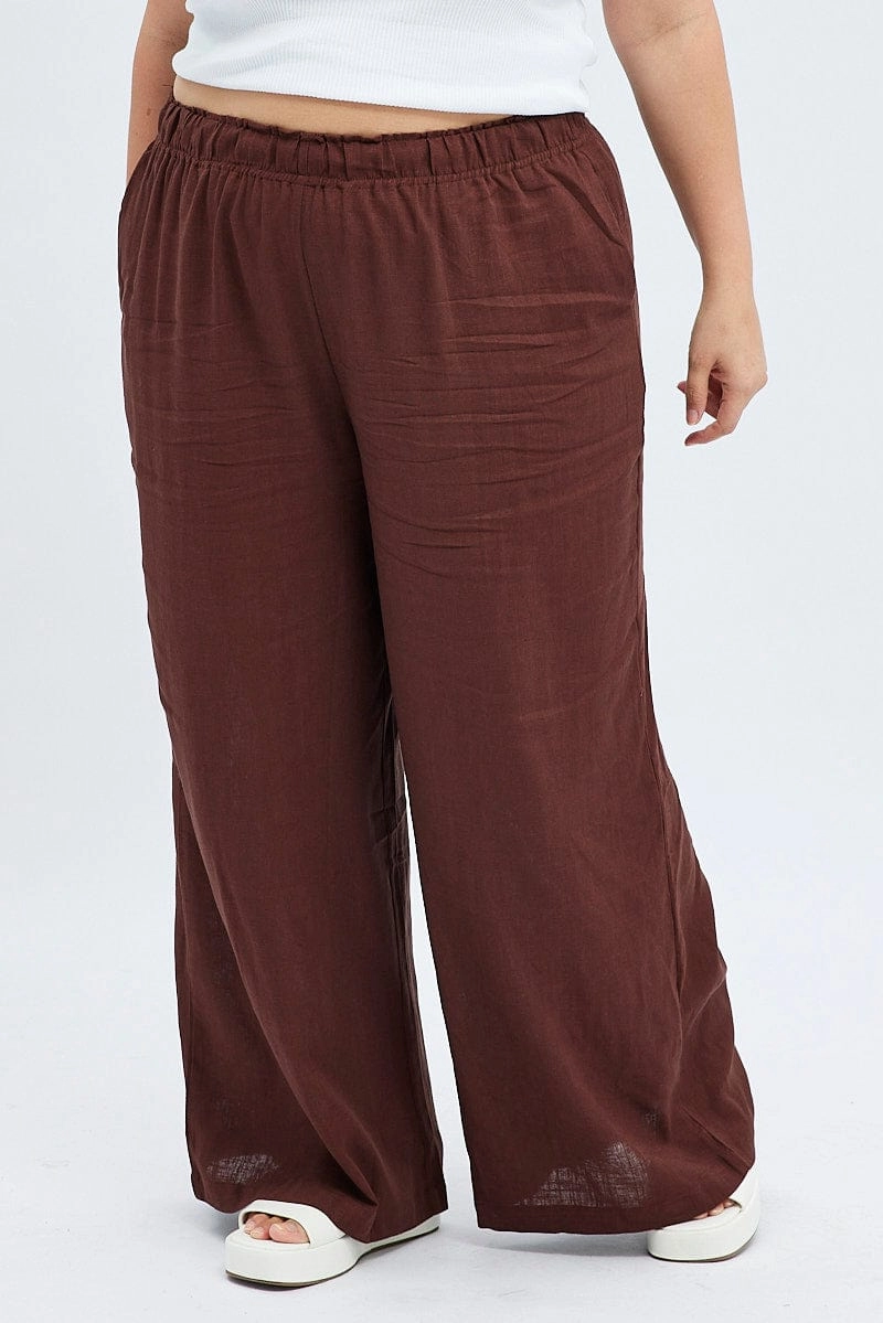 Brown Wide Leg Pants Elastic Waist All weather