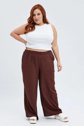 Brown Wide Leg Pants Elastic Waist Flex Fit Design
