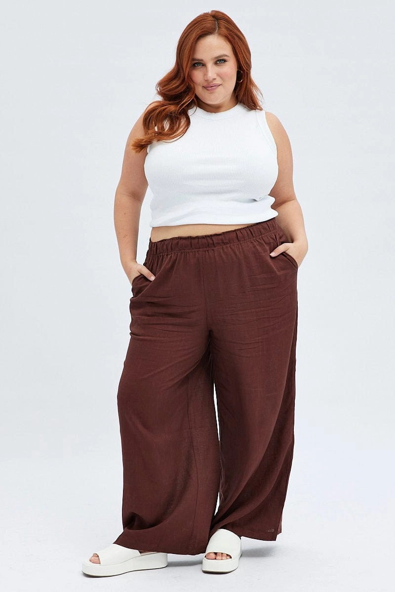 Modern Waist Barrel Waist Brown Wide Leg Pants Elastic Waist
