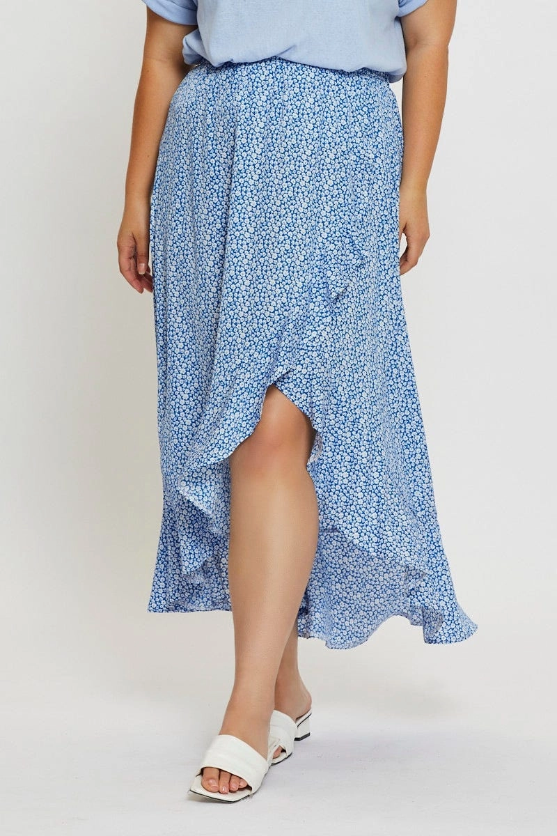 Ditsy Print Wrap Skirt Midi High Waist Outdoor Gathering Breathable Material