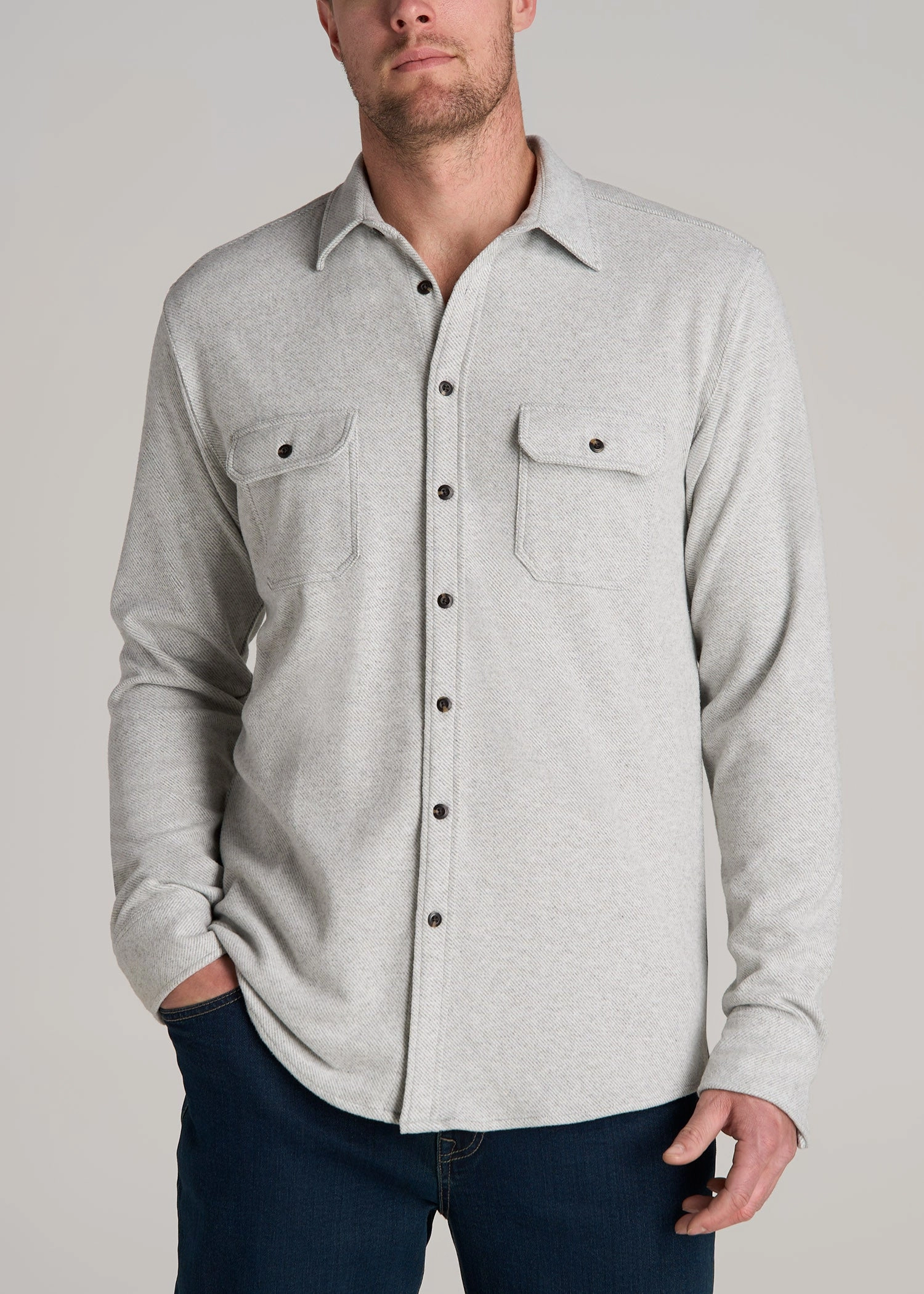 Stretch Flannel Button Tall Men's Shirt in Light Grey Mix Multi Pocket Configuration