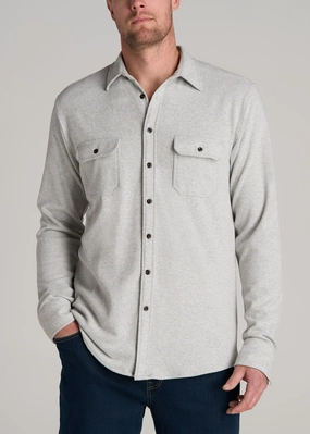 Stretch Flannel Button Tall Men's Shirt in Light Grey Mix Non Restrictive Armhole Cut VentilatedArmholes