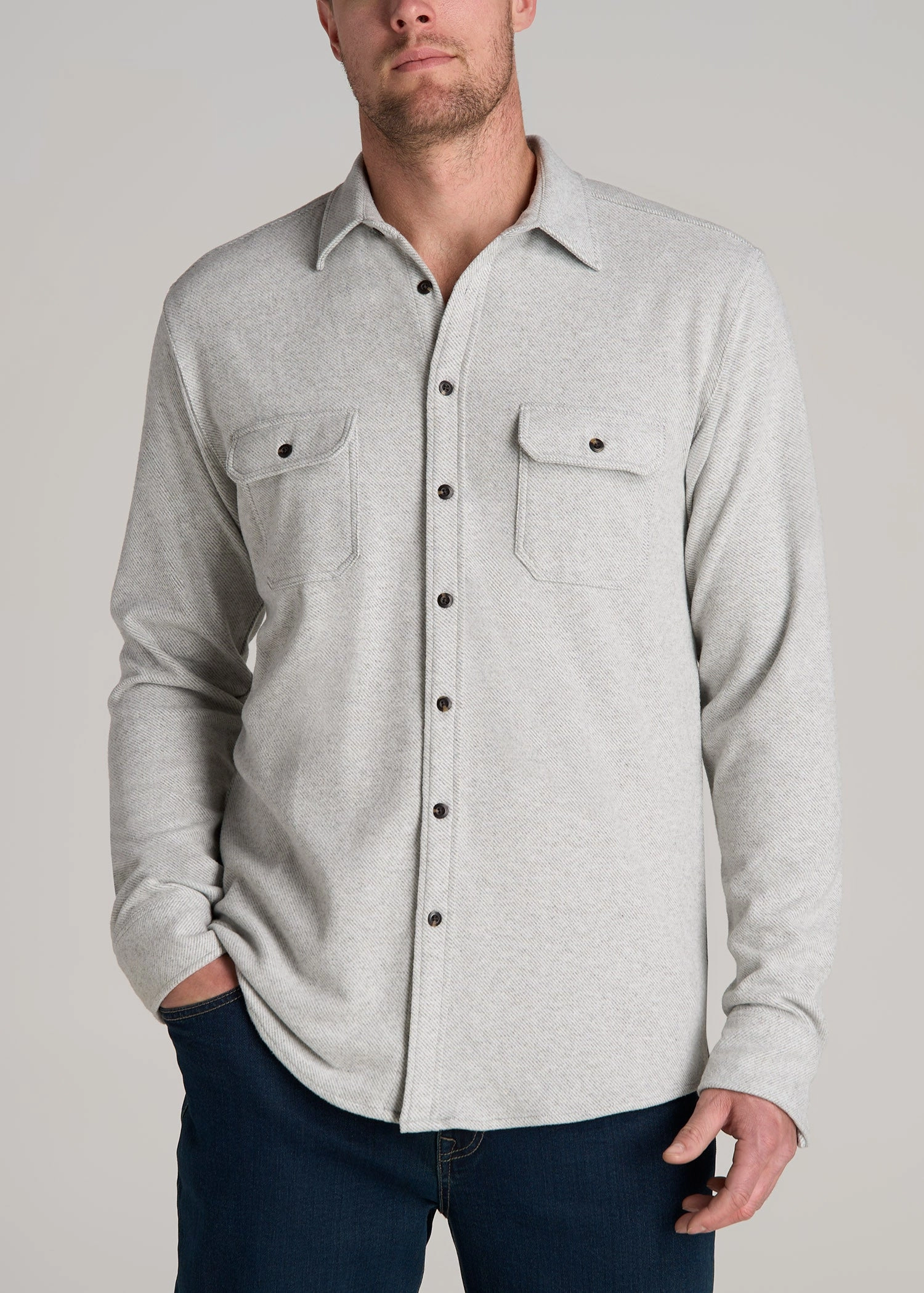 Stretch Flannel Button Tall Men's Shirt in Light Grey Mix AntiStaticTreatment FrictionResistantEdges