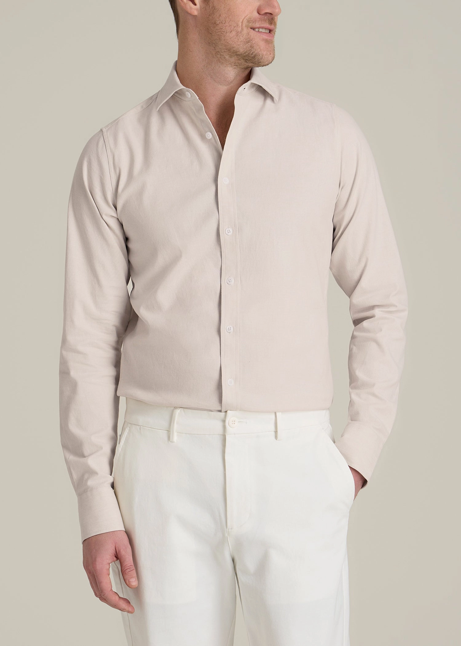 Stretch Linen Dress Shirt for Tall Men in Light Stone Mix Low Profile Zipper NonChafe Tag Placement