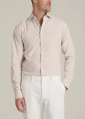 Layered Collar Structure Stretch Linen Dress Shirt for Tall Men in Light Stone Mix