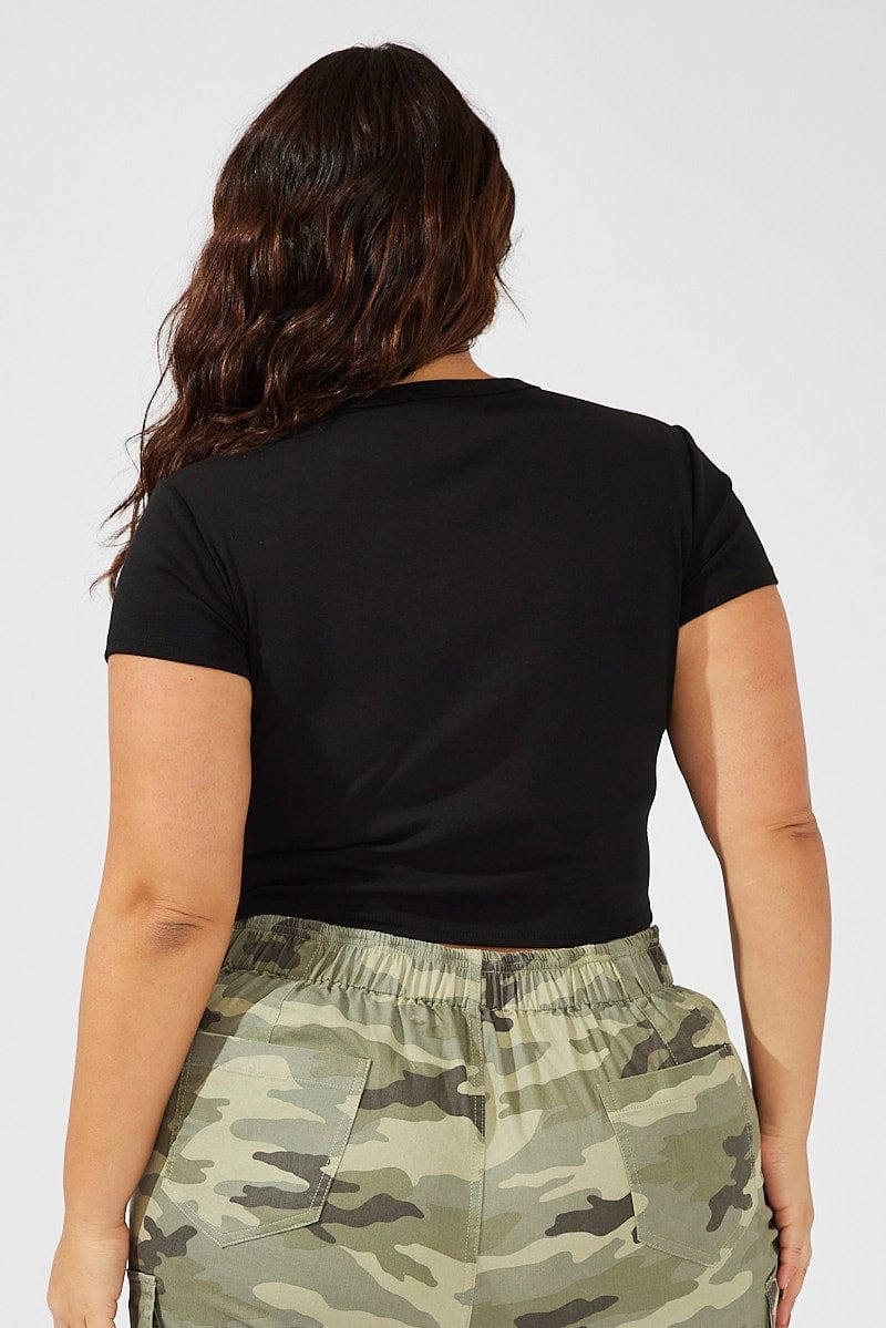 Black Graphic T-shirt Short Sleeve Crew Neck Crop AntiPillingTreatment Sport Flex