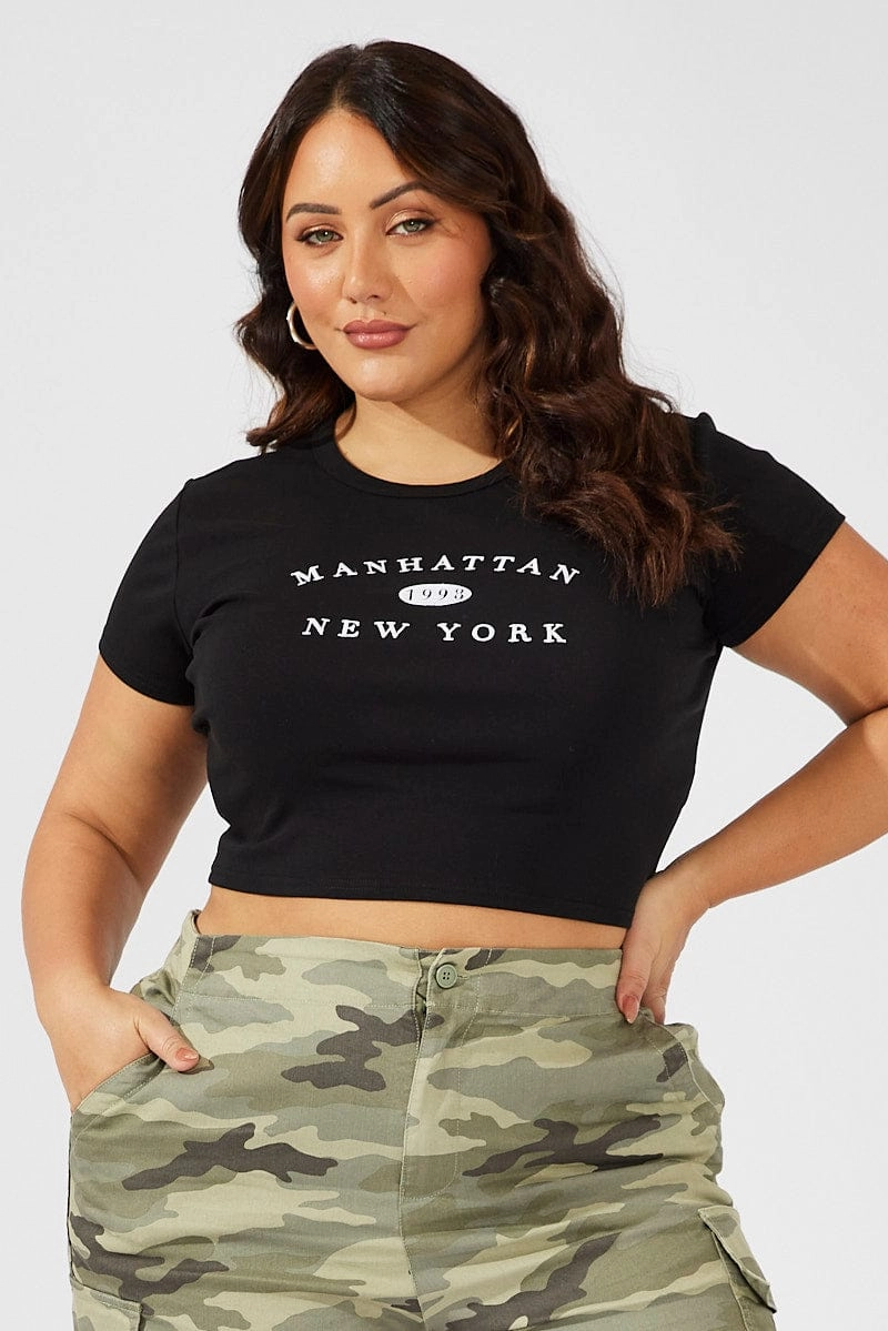 Black Graphic T-shirt Short Sleeve Crew Neck Crop Daily Comfort
