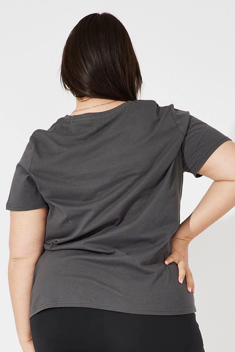 Stretchable Knit Grey Graphic T-shirt Short Sleeve Crew Neck Cropped