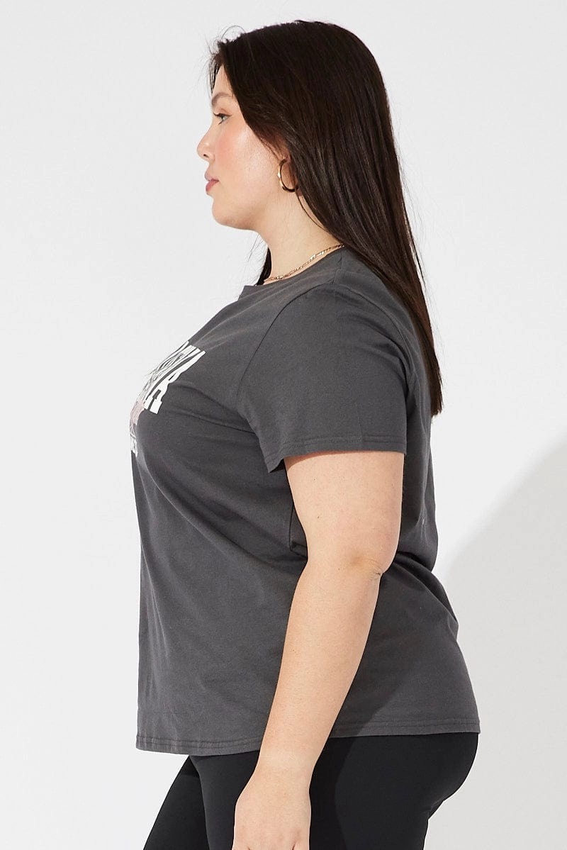 Layering Wear Grey Graphic T-shirt Short Sleeve Crew Neck Cropped