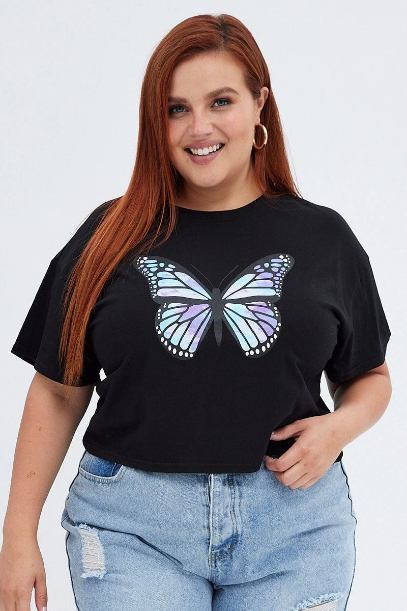 Layering Comfort Wear Minimalist purity Black Graphic T-shirt Tie Dye Crop Butterfly Cotton