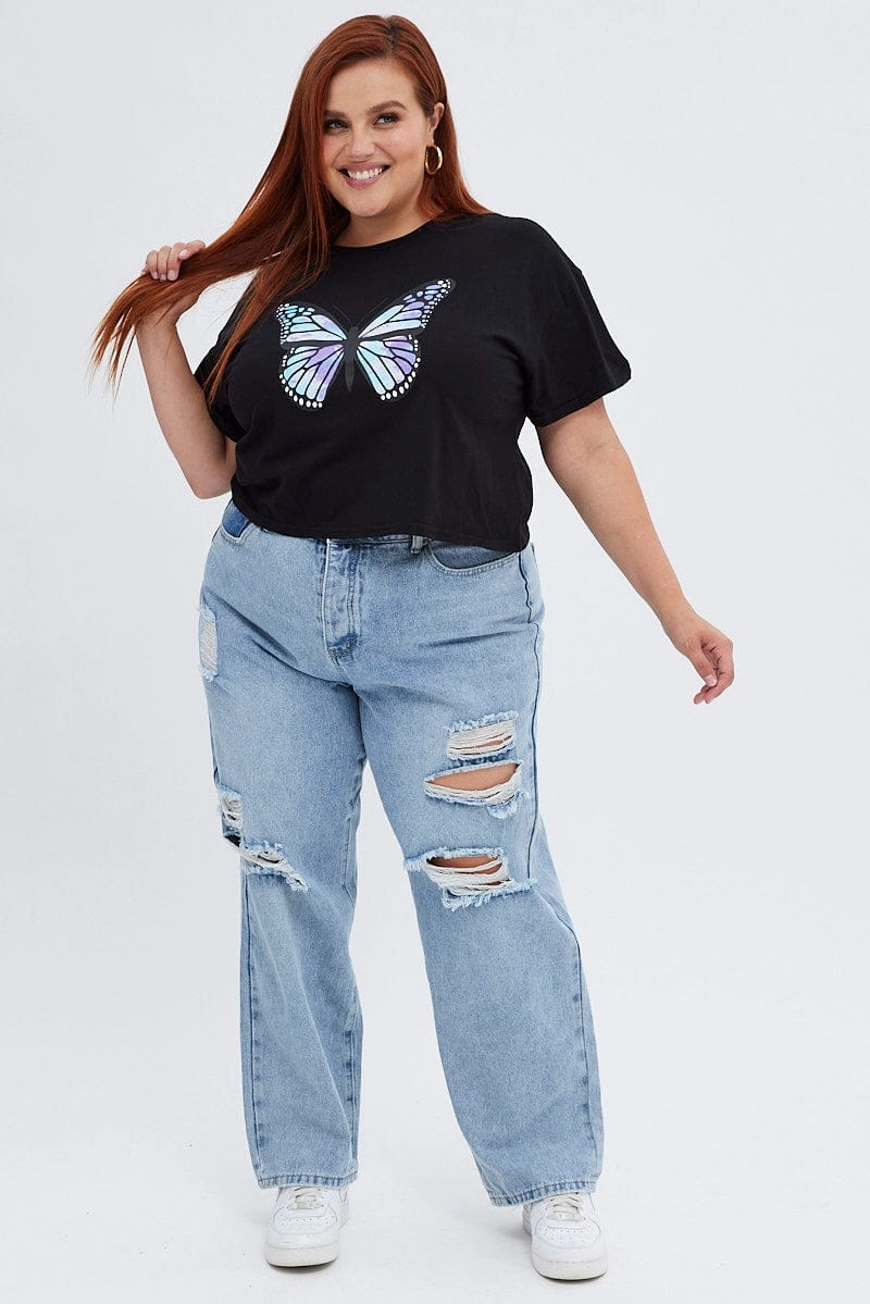Trendy Casual Wear Cross Grain Knit Black Graphic T-shirt Tie Dye Crop Butterfly Cotton