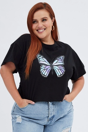 Seasonal Casual Active Comfort Style Black Graphic T-shirt Tie Dye Crop Butterfly Cotton