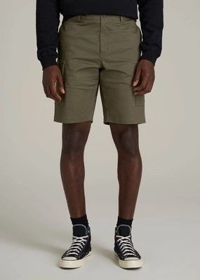 Stretch Twill Cargo Shorts for Tall Men in Dark Moss Green High-End Option