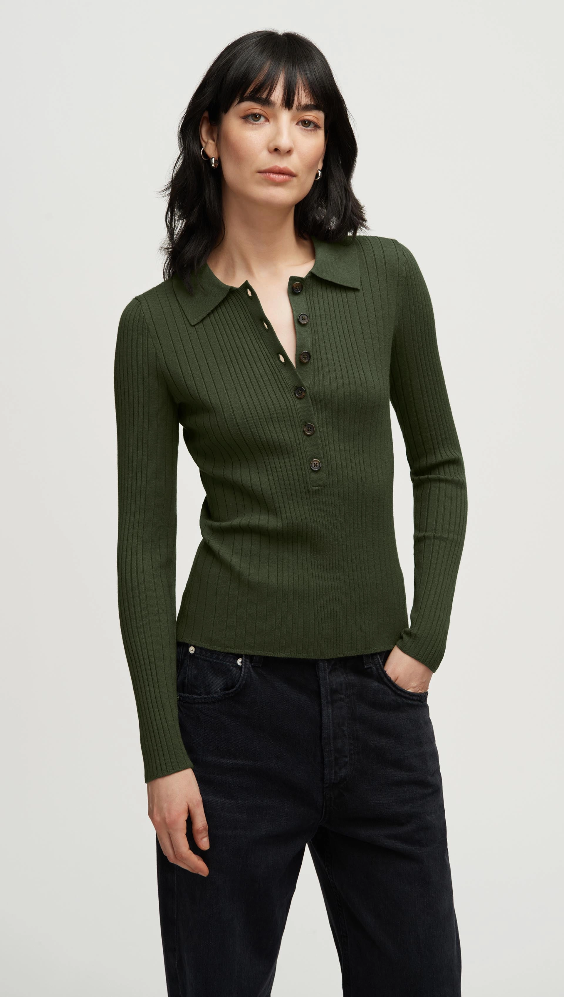 Ribbed Collar Sweater in Viscose Polyester | Mushroom Buttoned