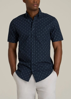 Short Sleeve Shirt for Tall Men in Navy Arrow Print MultiPocket Design StretchFit Design