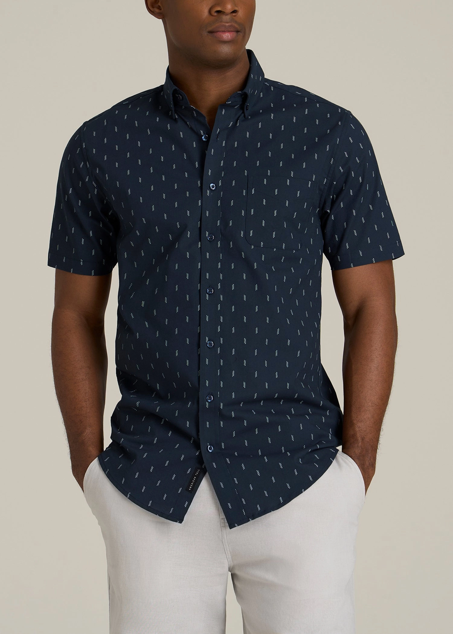 Short Sleeve Shirt for Tall Men in Navy Arrow Print EasyCare Material