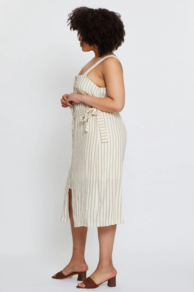 Cozy Tones Shine Finish Stripe Midi Dress Square Neck Sleeveless