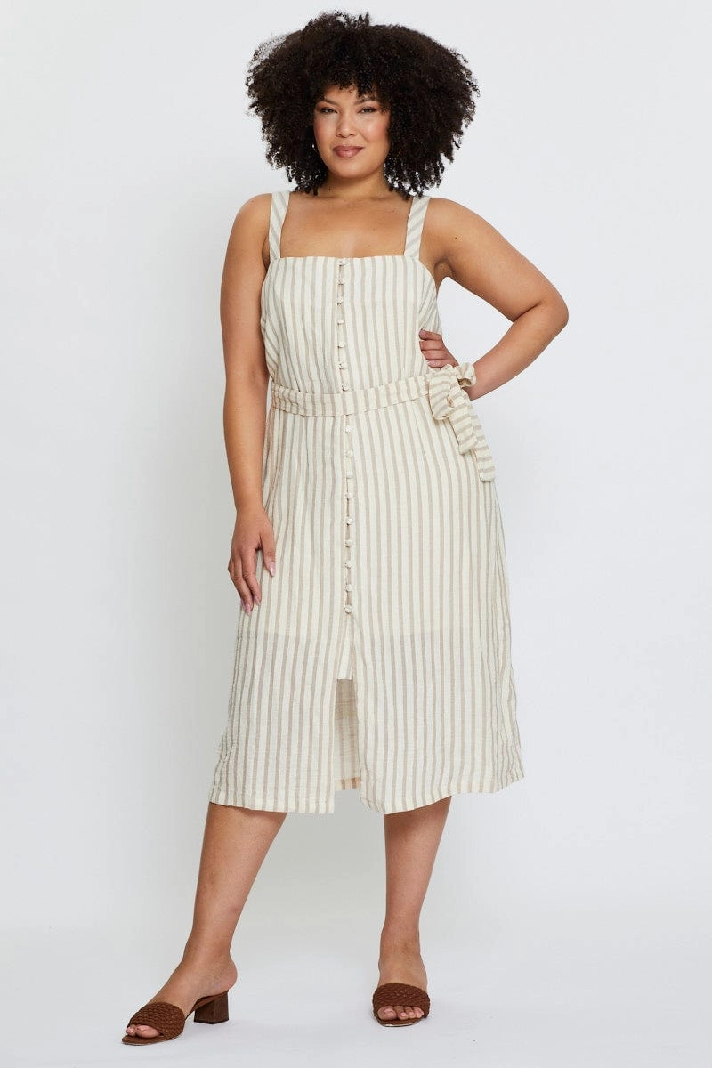 Stripe Midi Dress Square Neck Sleeveless Effortless Style Modern Finish