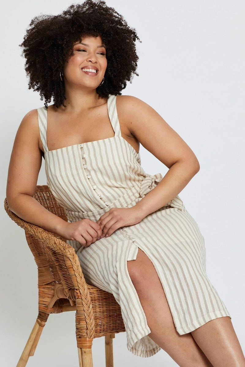 Stripe Midi Dress Square Neck Sleeveless Chilly Comfort