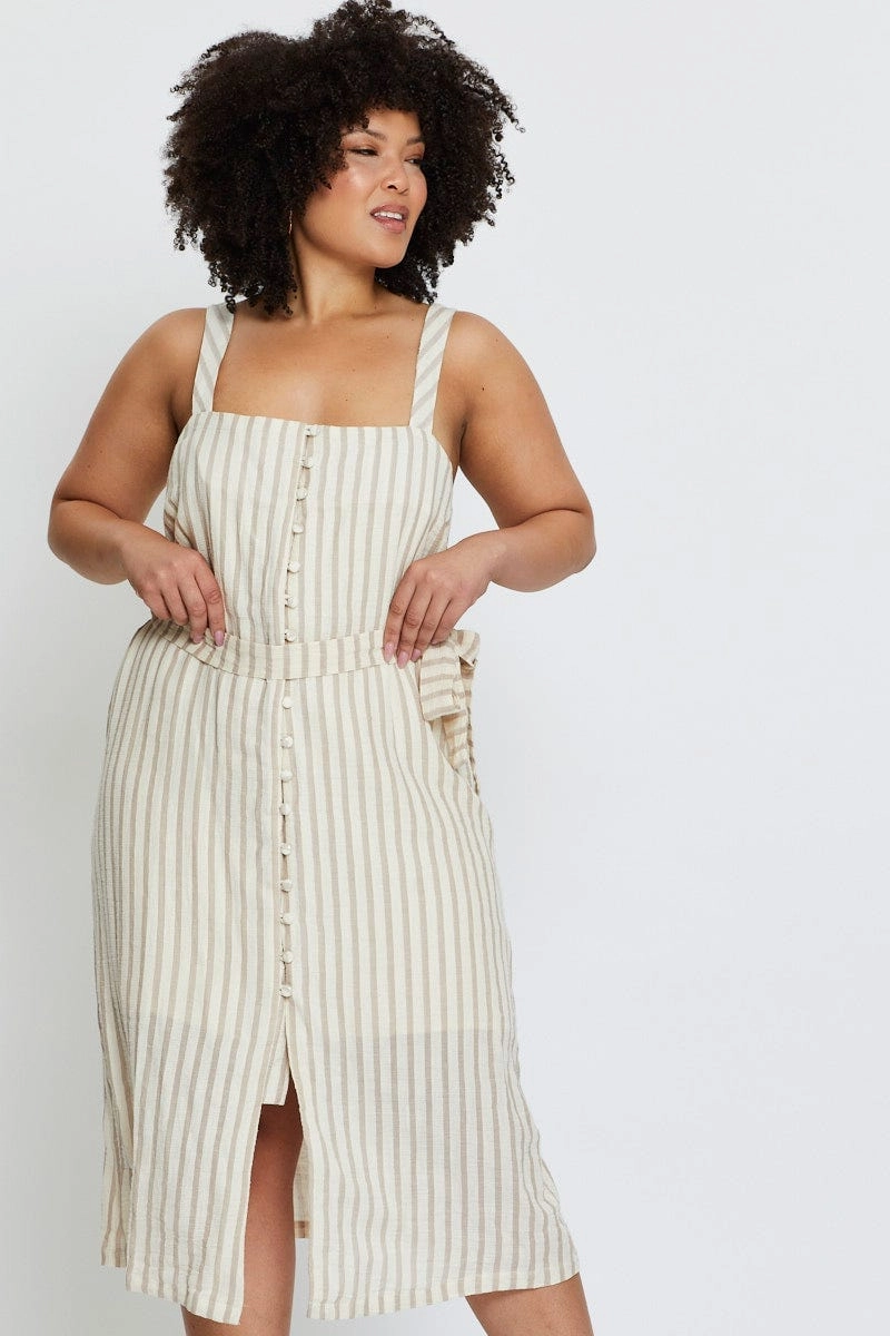 Stripe Midi Dress Square Neck Sleeveless Fashion Mix Shimmer-Finish