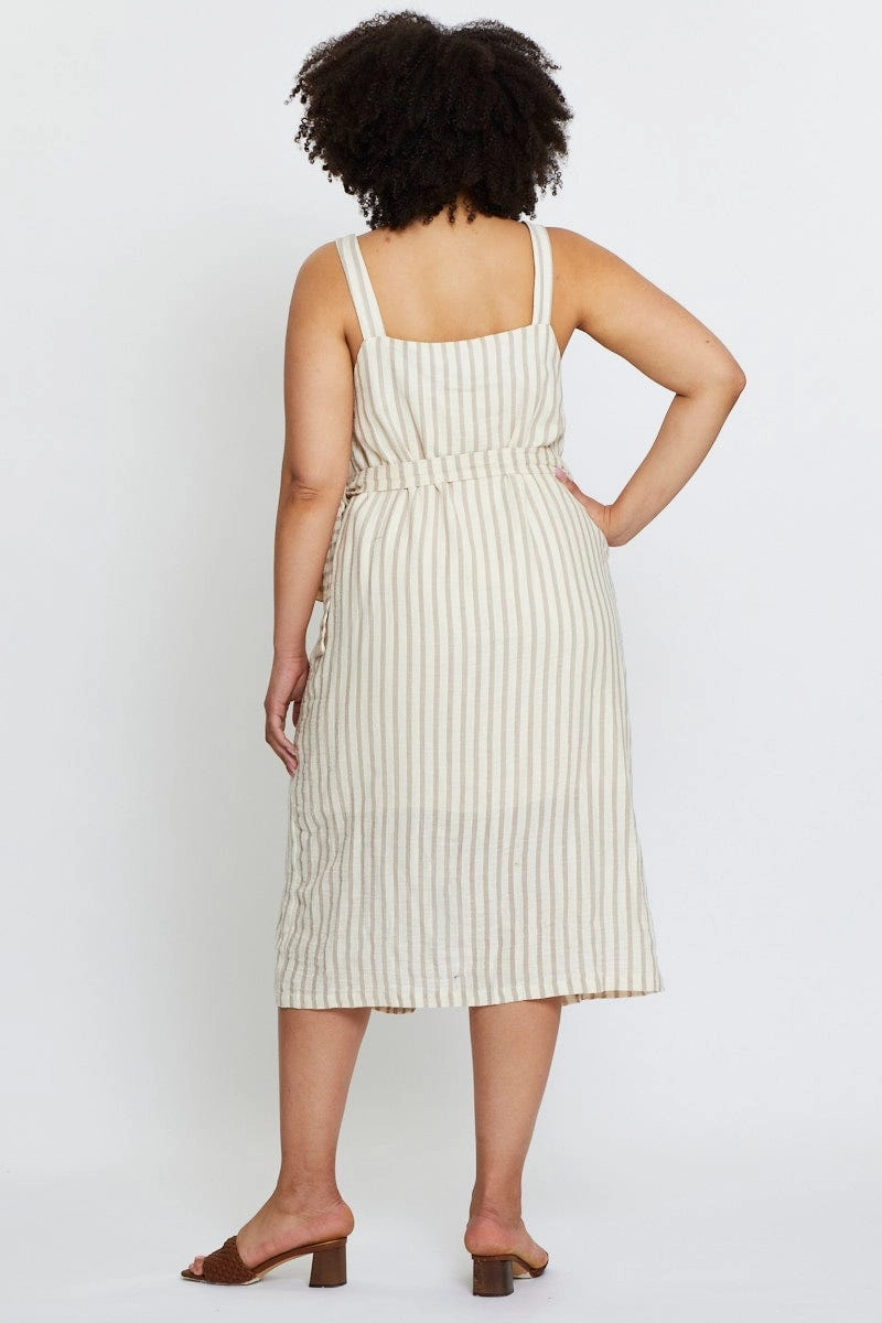 Texture Blend Stripe Midi Dress Square Neck Sleeveless