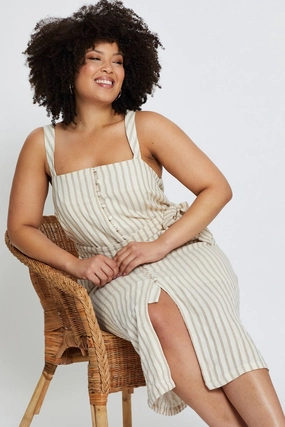 Stripe Midi Dress Square Neck Sleeveless Chilly Comfort