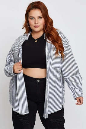 Stripe Oversized Shirt Long Sleeve Mesh Insert
