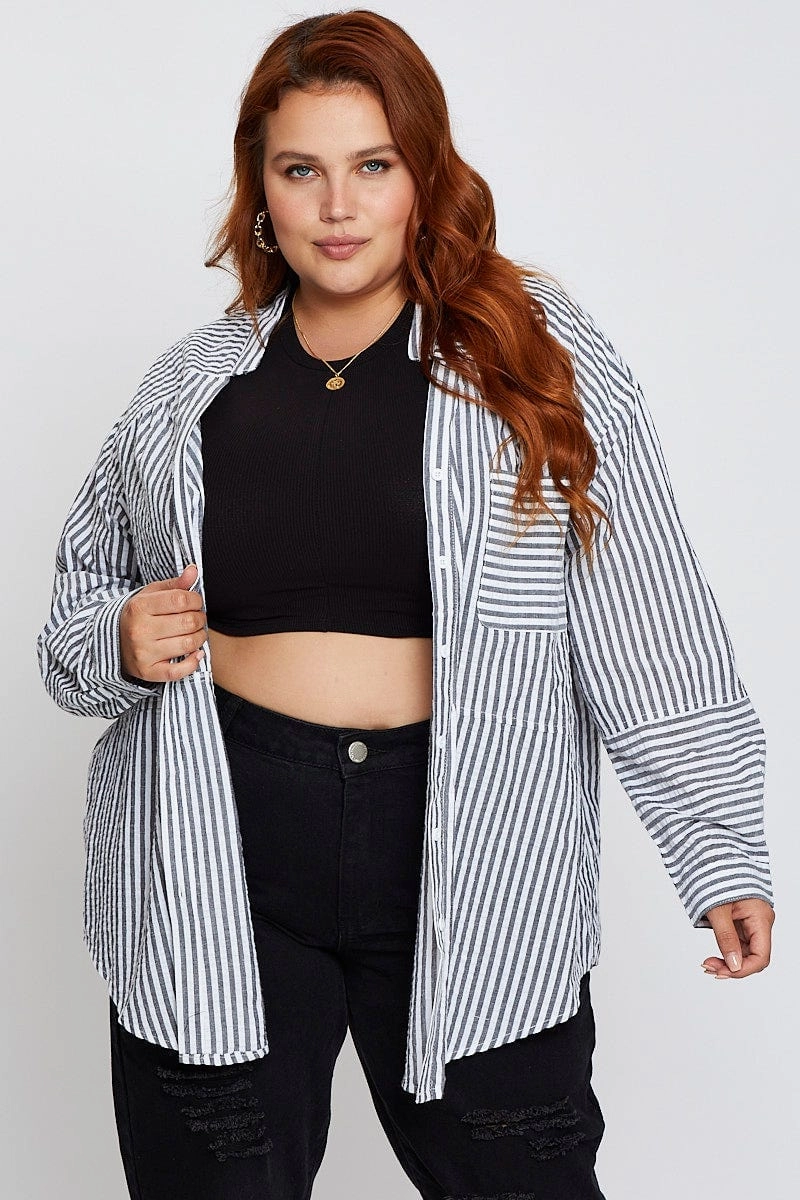 Stripe Oversized Shirt Long Sleeve Mesh Insert