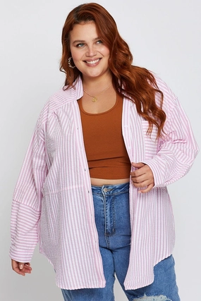 Stripe Oversized Shirt Ribbed Trim Functional Design