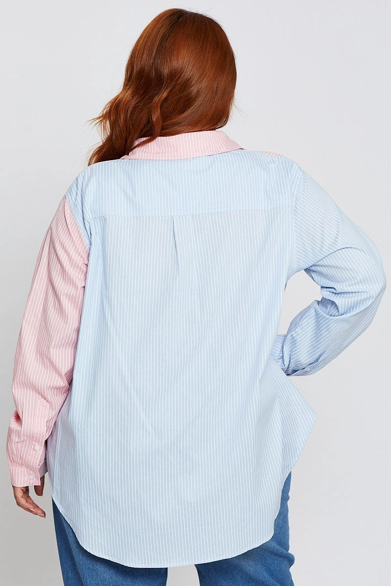 Stretchable Material Stripe Shirt Long Sleeve Colourblock